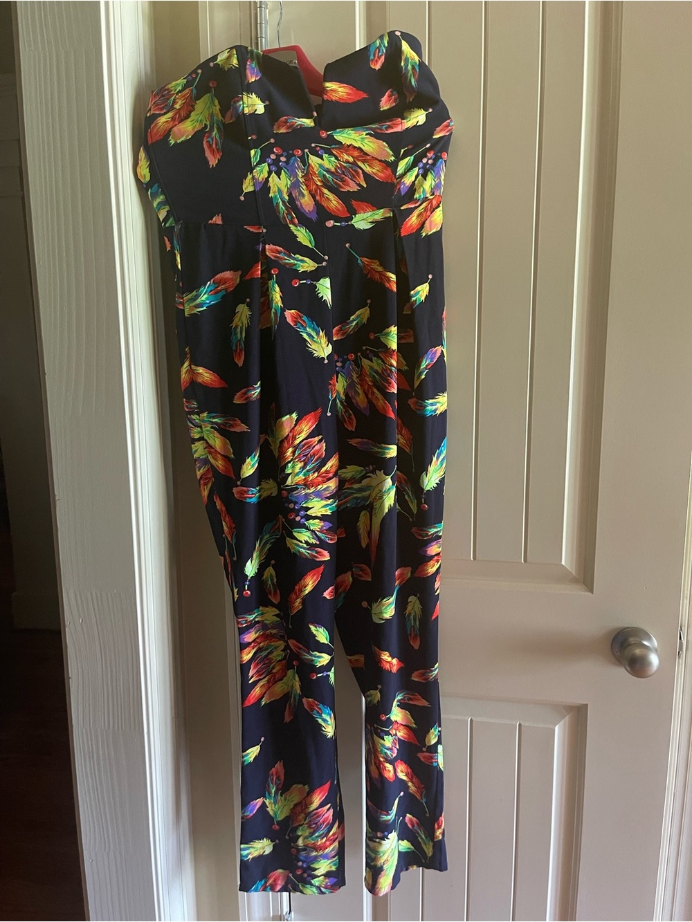 Zara Black Jumpsuit with Multicolor Feather Print